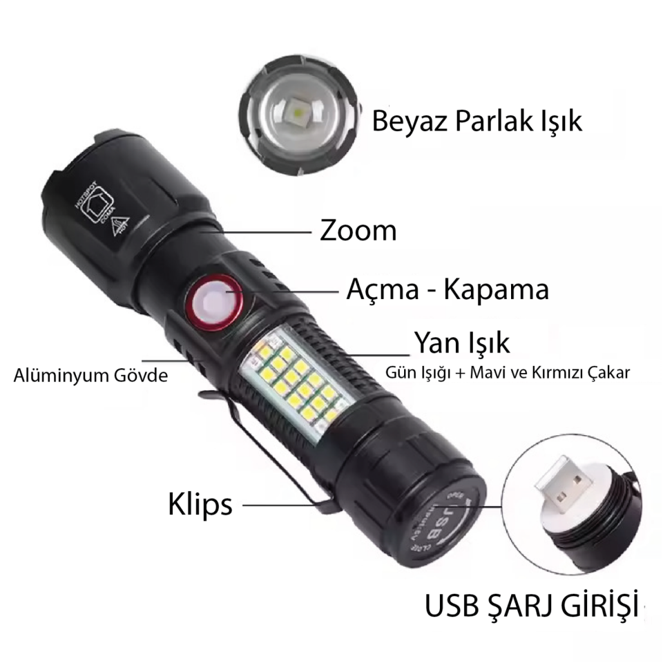 Wison Ws-2828 10W 1000 Lümen Çakarlı Şarjlı El Feneri