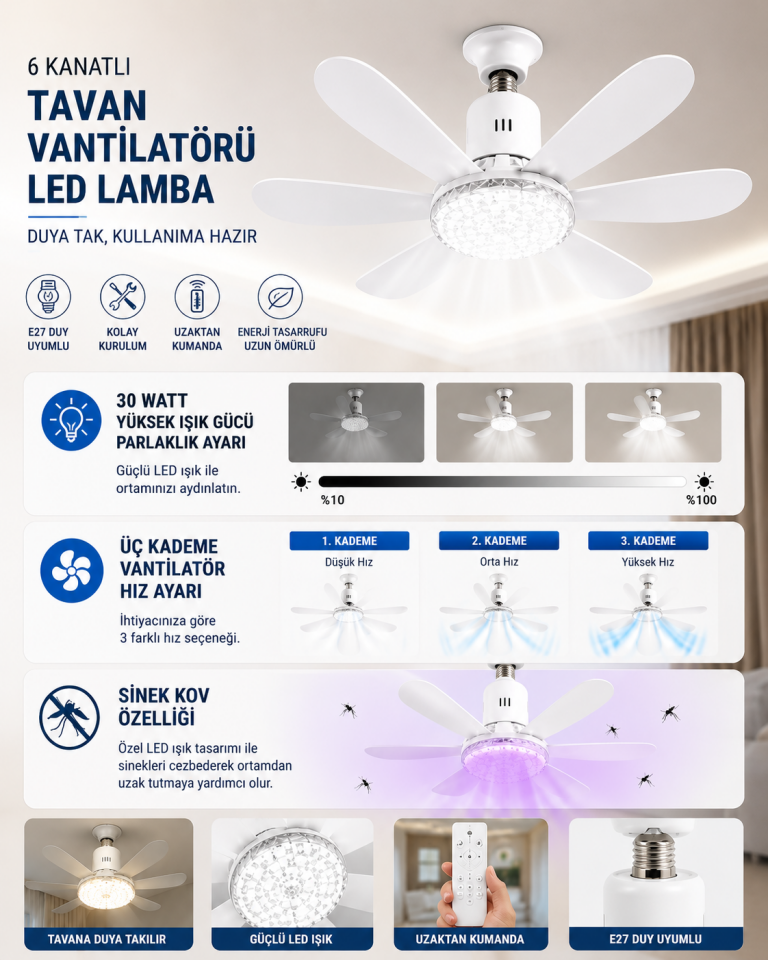 ElitLED 6 Kanatlı Işıklı Tavan Vantilatörü 30W LED Lamba