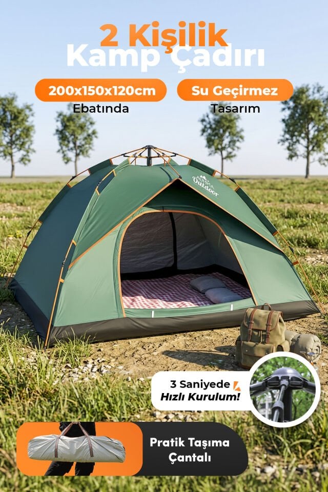 Auhma Outdoor AC6634 Otomatik Kamp Çadırı Yeşil 200x150x120 cm Çift Katmanlı Su Geçirmez 3 Saniyede Kurulum Kamp Çadırı