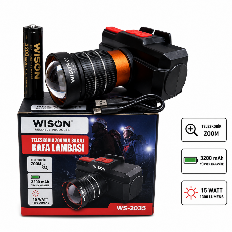 WS-2035 15 Wat 1500 Lümen Zoomlu Şarlı Kafa Lambası
