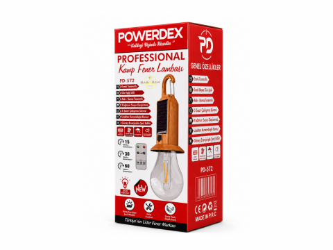 Powerdex PD-572 Solar Şarjlı Kamp lambası Uzaktan Kumandalı Askılı Taşınabilir Işık