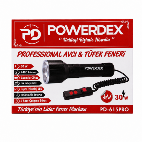 Powerdex PD-615Pro 30W 2400 Lümen Profesyonel Zoomlu El & Tüfek Avcı Feneri