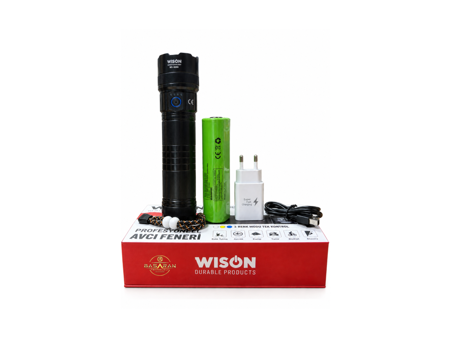 WISON WS-6520 50W 5000 Lümen 3 Renk Modlu Profesyonel Şarjlı El Feneri