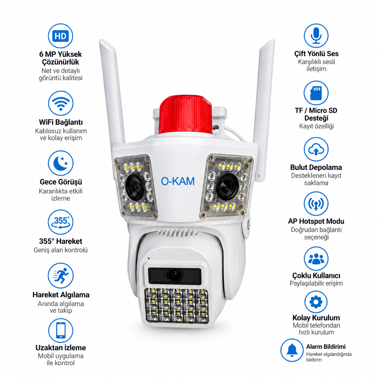 O-KAM Pro 3033 6 MP 3 Kameralı Gece Görüşlü Wifi Kamera