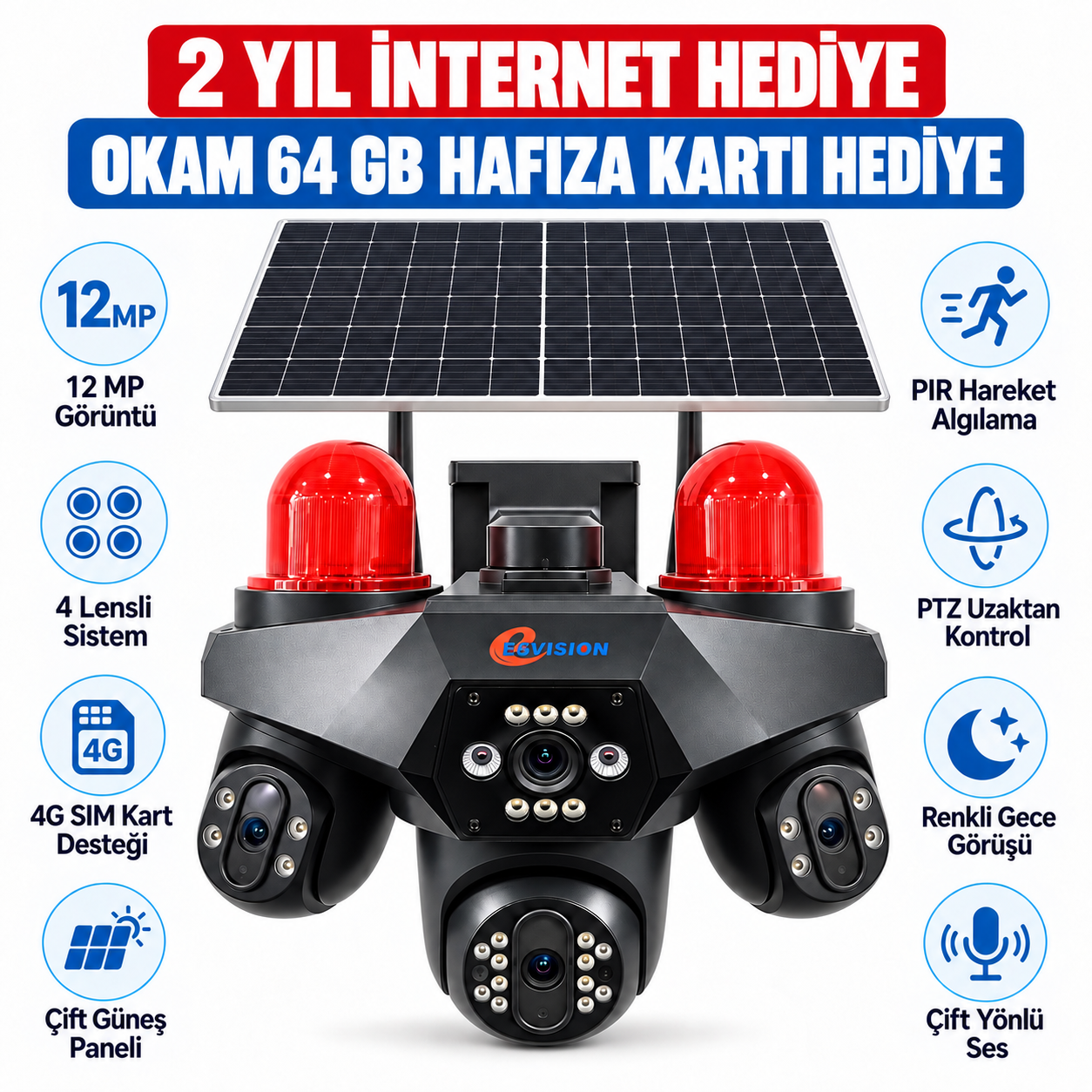 ESVISION ES-7030 4G Güneş Panelli 4 Lensli Güvenlik Kamerası