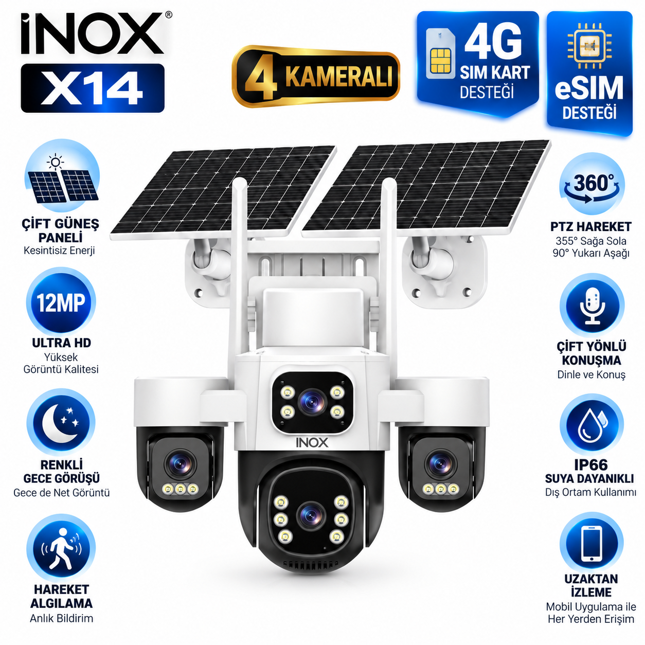 Inox X14 4 Kameralı Solar Sim Kartlı & E-sim Destekli Güvenlik Kamerası
