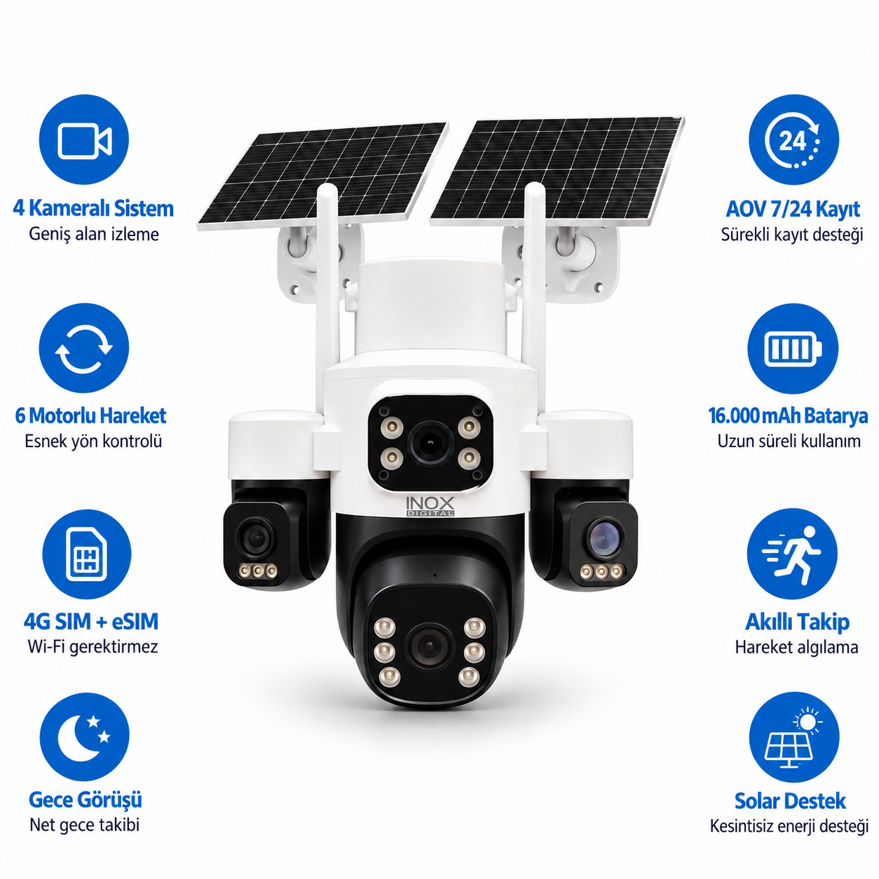 Inox X24 6 Motor 4 Kameralı E-simli Solar Güvenlik Kamerası