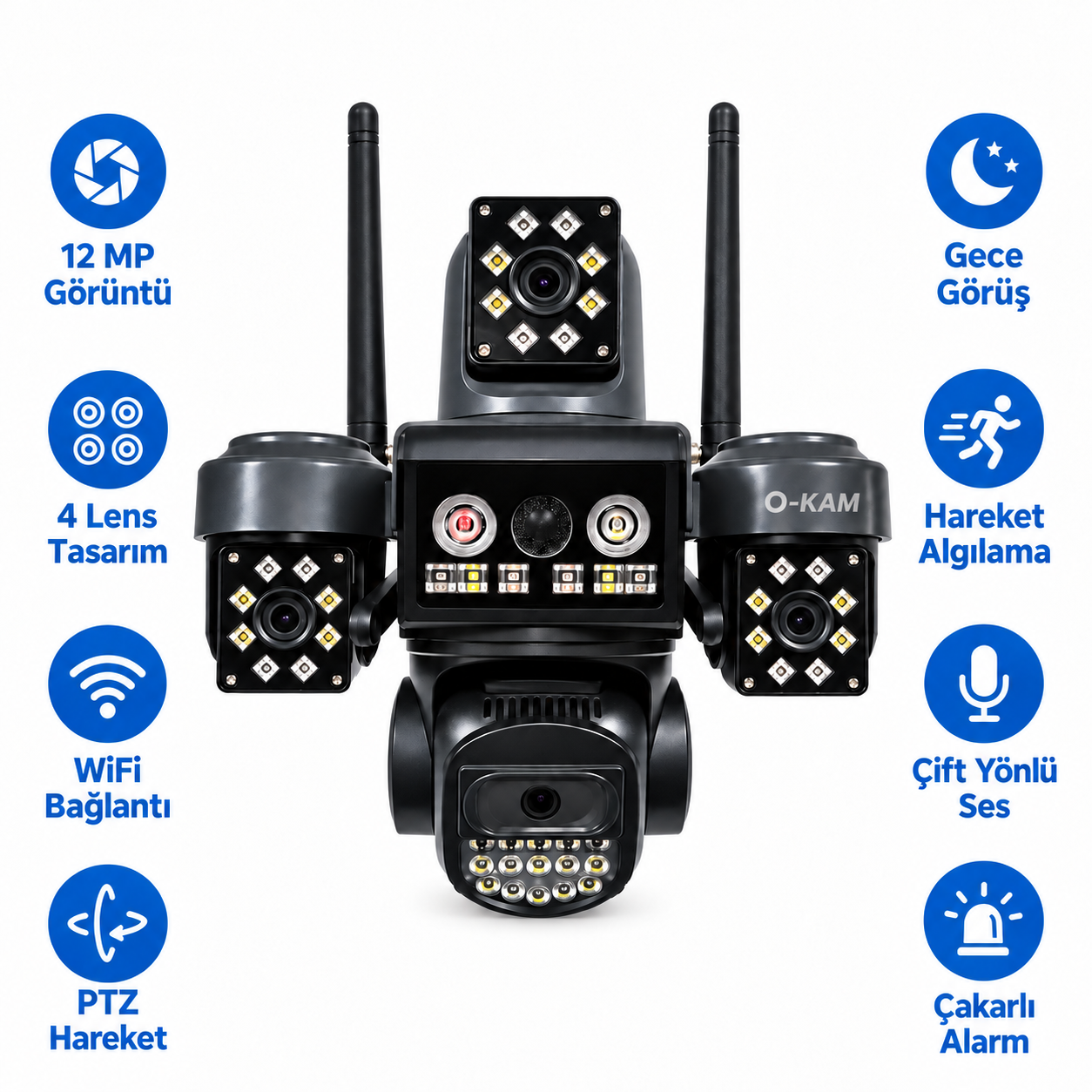 O-KAM Pro OK-205 4 LENS Çakarlı WIFI Güvenlik Kamerası