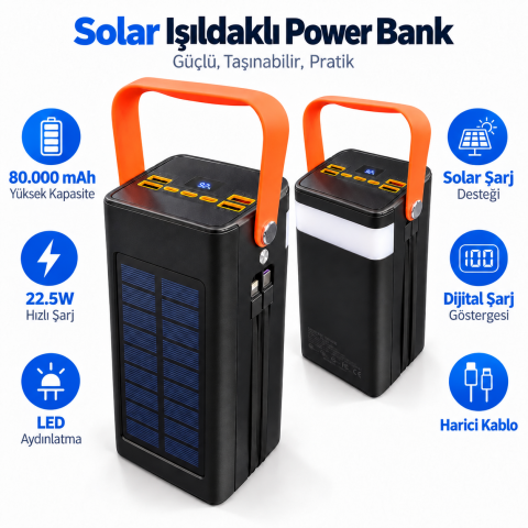80.000 mAH 22.5W Solar Işıldaklı Powerbank